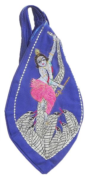 Embroidered Krishna on Kaliya Nag on Blue Japa Mala Bag