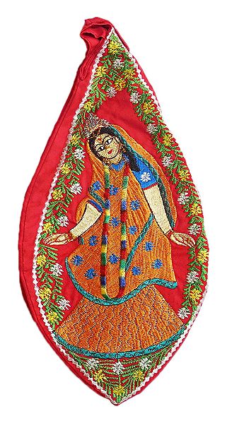 Embroidered Radha on Red Cotton Japa Mala Bag