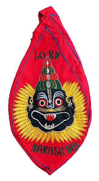Embroidered Narasimha Avatar on Blue Cotton Japa Mala Bag