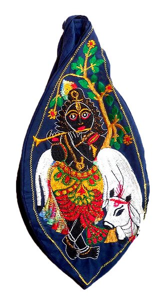 Embroidered Krishna on Blue Cotton Japa Mala Bag