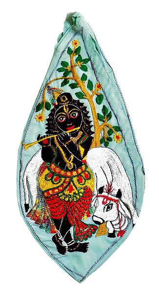 Embroidered Krishna on Light  Blue Cotton Japa Mala Bag