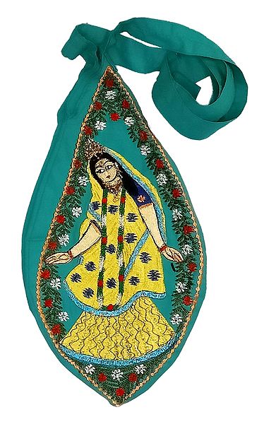 Embroidered Radha on Cyan Cotton Japa Mala Bag