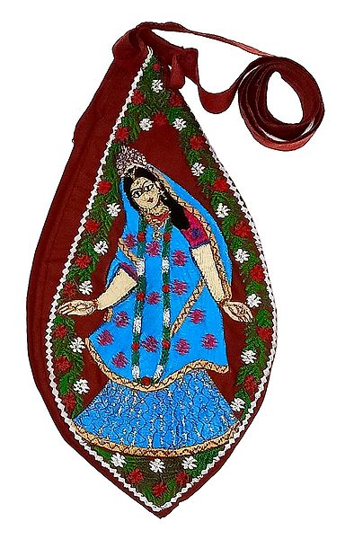 Embroidered Radha on Maroon Cotton Japa Mala Bag