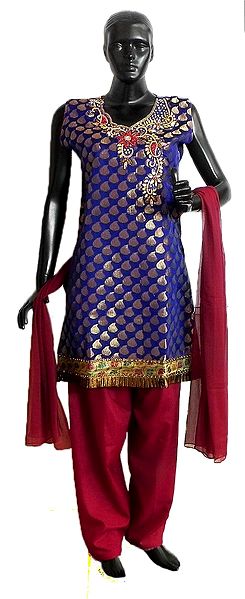 Blue Banarasi Art Silk Kurta with Red Salwar and Chunni