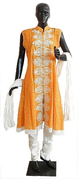 Yellow Cotton Embroidered Kurta with White Churidar, Chunni and a Pair of Unstitched Sleeves