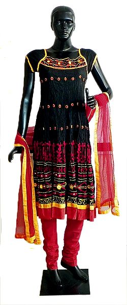 Black Cotton Embroidered Kurta with Red Churidar and Chunni