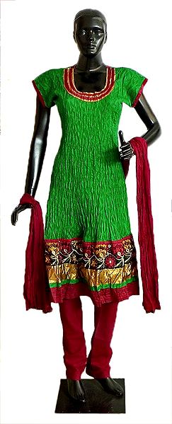 Green Cotton Embroidered Kurta with Maroon Churidar and Chunni