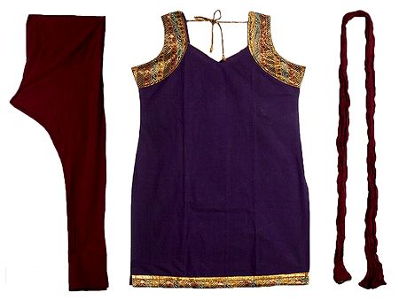 Purple Cotton Kurta with Zari Border, Maroon Churidar, Chunni and a Pair of Unstitched Sleeves