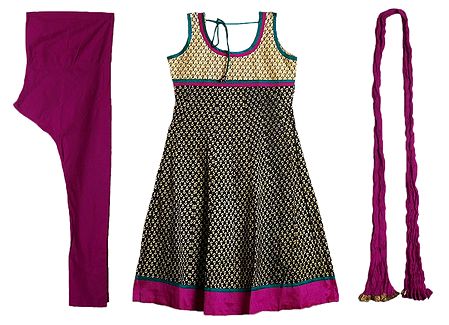 Printed Cotton Kurta with Magenta Churidar, Chunni and a Pair of Unstitched Sleeves