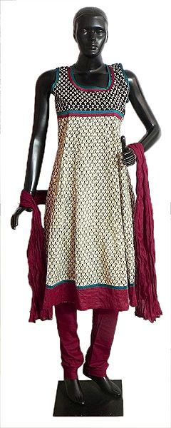 Printed Cotton Kurta with Red Border, Maroon Churidar, Chunni and a Pair of Unstitched Sleeves