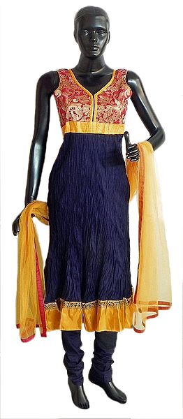 Golden Weaved Design on Red Silk Cloth and Yellow Silk Border on Dark Blue Cotton Wrinkle Churidar Kurta with Yellow Net Chunni