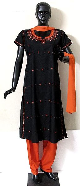 Embroidered Black and Orange Polyester Salwar Kurta with Orange Dupatta
