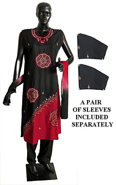 Embroidered Black and Red Salwar Kurta and Chunni with a Pair of Unstitched Sleeves