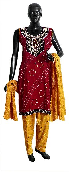 Red Tie and Dye Kurta with Mirrorwork and Embroidered Neckline with Yellow Tie and Dye Salwar and Chunni