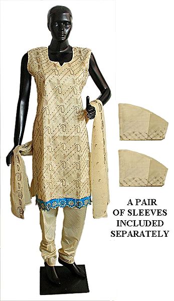Embroidered Light Beige Churidar, Kurta and Chunni with a Pair of Additional Unstitched Sleeves