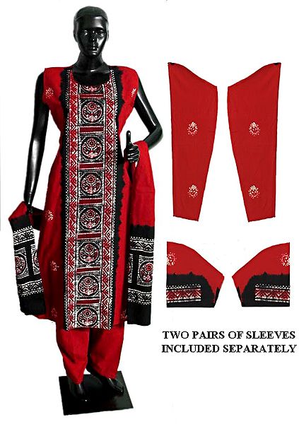Red and Black Batik Print Salwar, Kurta and Chunni with Two Pairs of Additional Unstitched Sleeves