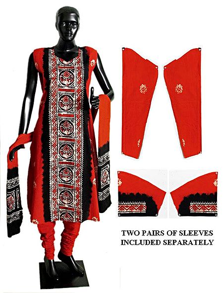 Saffron and Black Batik Print Churidar, Kurta and Chunni with Two Pairs of Additional Unstitched Sleeves