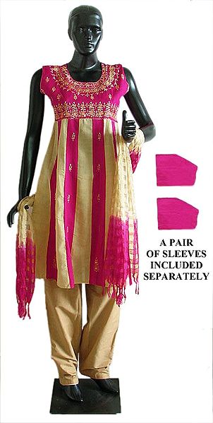 Magenta and Beige Salwar, Kurta and Chunni with embroidery and Sequin Work