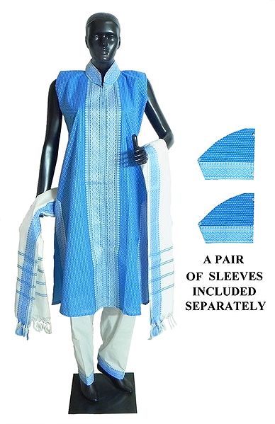 White with Blue Weaved Design Salwar, Kurta Set
