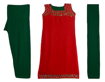 Embroidered and Beadwork Red Kurta with Green Salwar and Dupatta