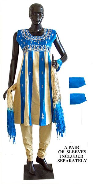 Blue and Beige Salwar, Kurta and Chunni with embroidery and Sequin Work