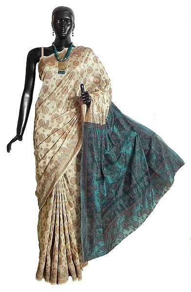 Ivory White Cotton Silk with Weaved Design All-Over and Dark Cyan Anchal 