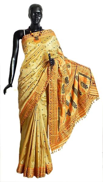 Light Beige Assam Silk Saree with All-Over Boota and Weaved Designer Border and Pallu
