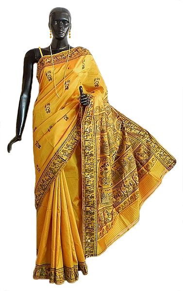 Golden Yellow Baluchari Silk Saree with All-Over Boota and Woven Mahabharata Scene on the Pallu and Border