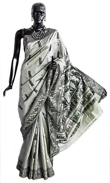 Grey Baluchari Silk Saree with All-Over Boota and Woven Gita-Updesh by Krishna to Arjuna in Black Thread on the Pallu