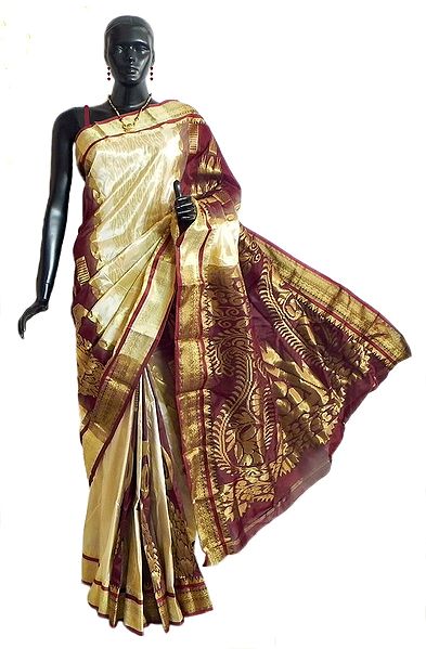 Off-White Banarasi Saree with Golden Design All-Over and Gorgeous Wine Red Pallu and Border  