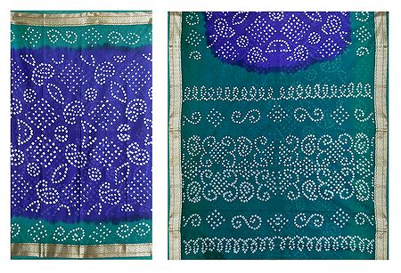Blue Bandhni Cotton Saree with Cyan Green Border and Pallu