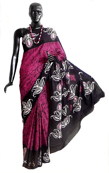 Batik Print Magenta Saree with Black and White Border and Pallu