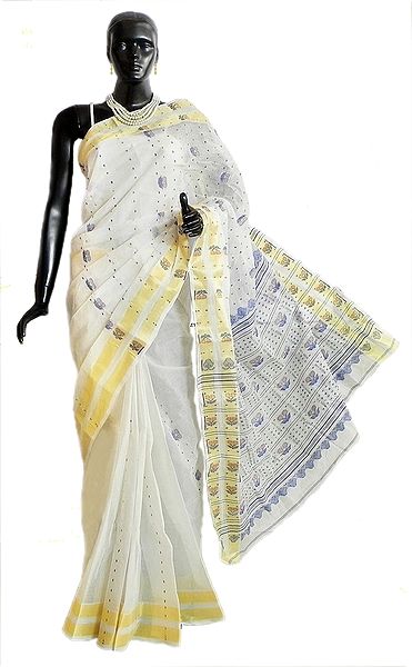 White Tangail Saree with Woven Anchal