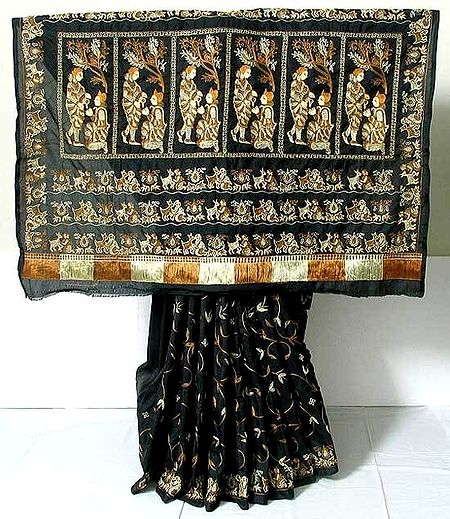 Black  Pure Silk Saree with Ari Stitch Embroidery