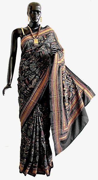 Black Silk Saree with Kantha Stitch Embroidery All-Over