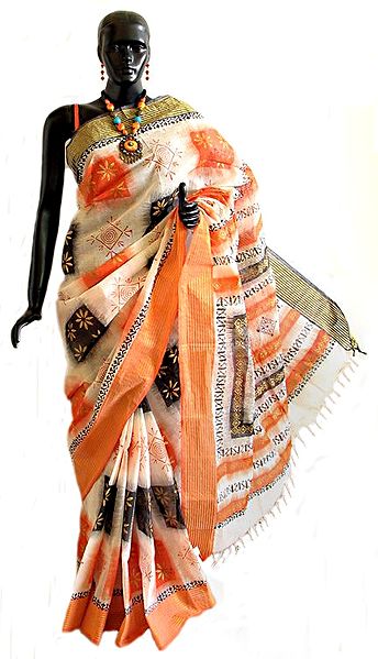 Block Print and Hand Painted Tangail Saree with Gorgeous Border and Pallu