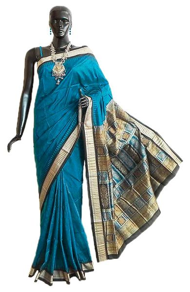 Dark Cyan Orissa Bomkai Pure Silk Saree with All-Over Boota and Gorgeous Pallu