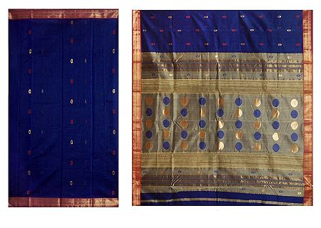 All-Over Golden Zari  and Red Boota on Blue Chanderi Saree with Zari Border and Pallu