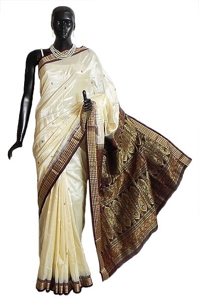 Off-White South Silk Saree with Woven Bomkai Design Pallu and Border in Dark Brown, Rust and Golden Zari
