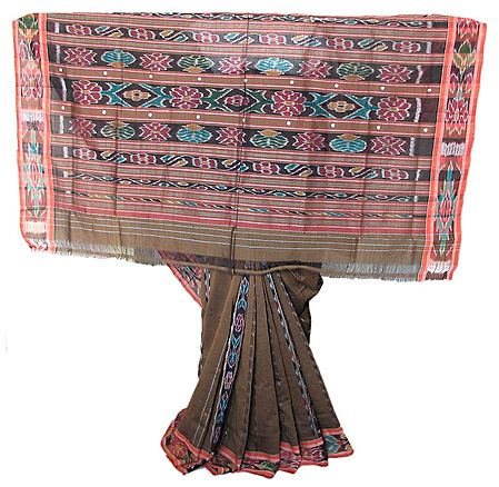 Brown Handwoven Sambalpuri Ikkat Design Sari with Light Saffron Border and Pallu