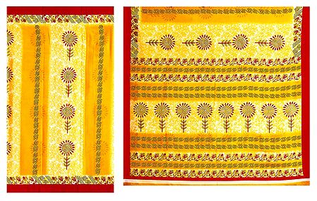 Printed Yellow Synthetic Saree with Red Border