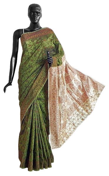 Green Cotton Silk Saree with Weaved Design All-Over and Off-White Anchal 