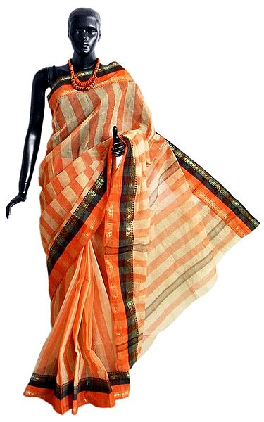 Saffron Stripe Tangail Saree with Saffron and Black Border