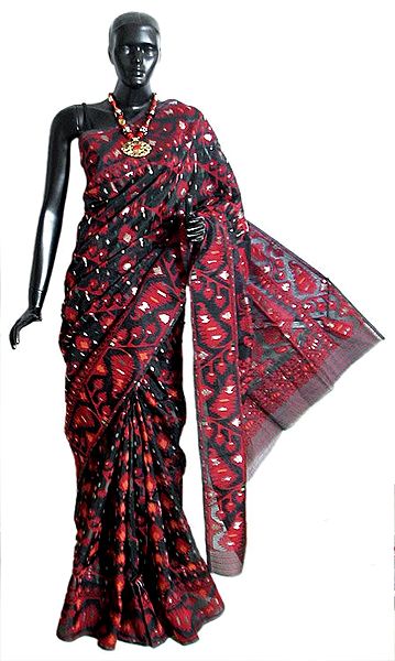 Black Dhakai Jamdani Saree from Kolkata with All-Over Weave in Red and Golden Zari Thread