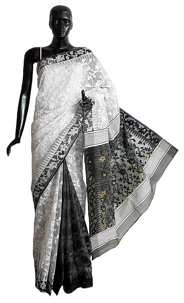 White Weaved Design All-Over on White Cotton Dhakai Saree with Black Border and Pallu