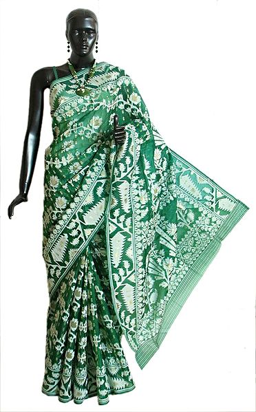 Green Dhakai Jamdani Saree from Kolkata with All-Over Weave in White and Zari Thread