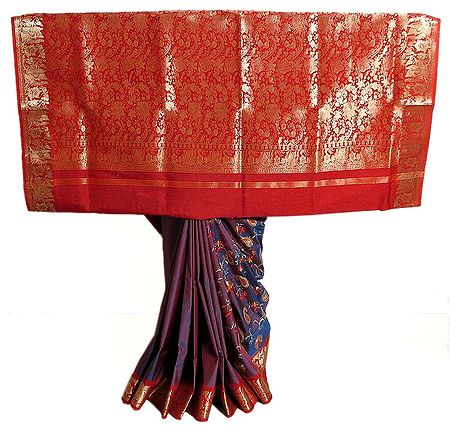Embroidered Red and Blue Double Shaded South Silk Saree with Red and Golden Zari Border and Pallu