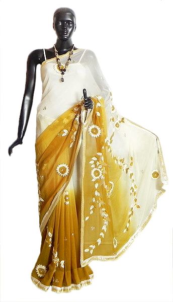 White with Yellow Georgette Saree with Zari Border and White Embroidery
