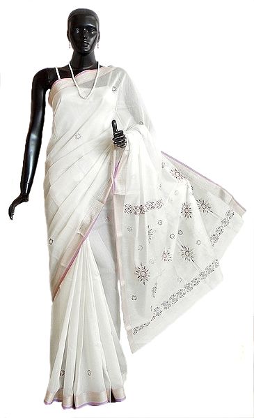 Embroidered White Saree with Weaved Mauve Border and Anchal