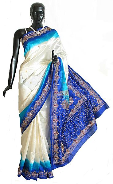 Embroidered White Silk Saree with Cyan and Blue Border and Pallu